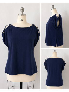 PerSeption Concept Navy Blue Grommet Cold-Shoulder Blouse
